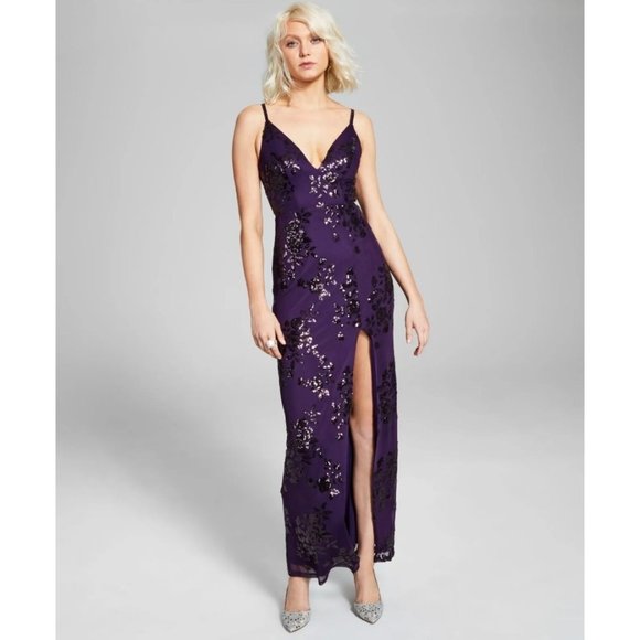 Speechless Women’s Juniors’ Embellished Sequin Mesh Dress Eggplant Size 7 New - Picture 1 of 5